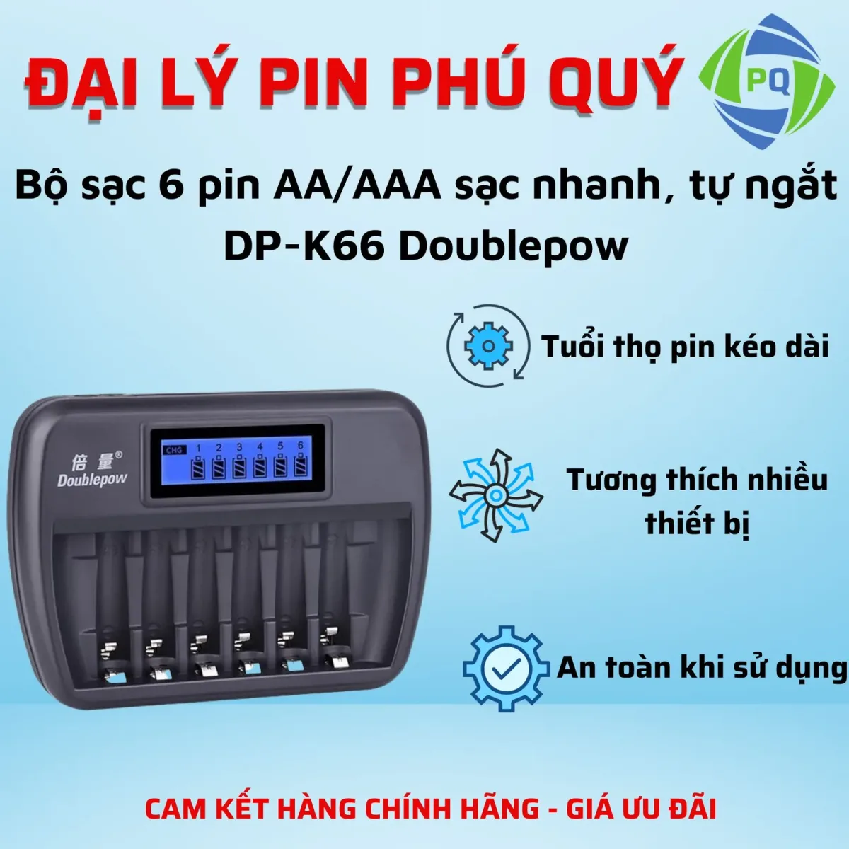 Bộ sạc 6 pin AA AAA sạc nhanh, tự ngắt DP-K66 Doublepow