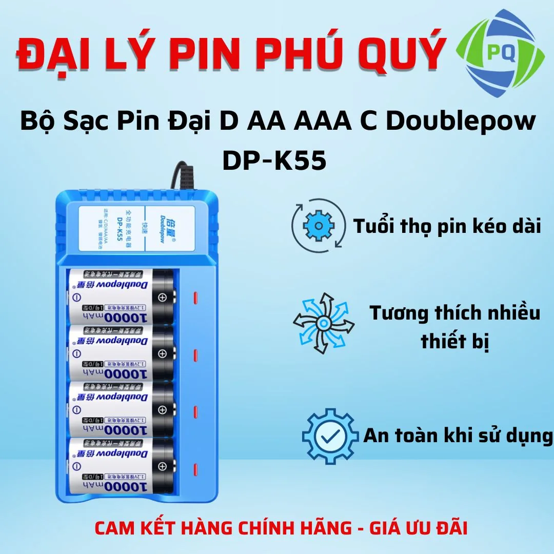 Bộ sạc pin đa năng Doublepow DP-K55 cho pin AA, pin AAA, pin C, pin D - Pin Phú Quý