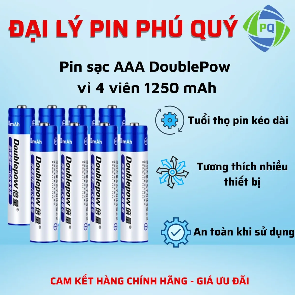 Hộp 4 pin sạc AAA 1250mAh Doublepow chính hãng, siêu bền bỉ - Pin Phú Quý