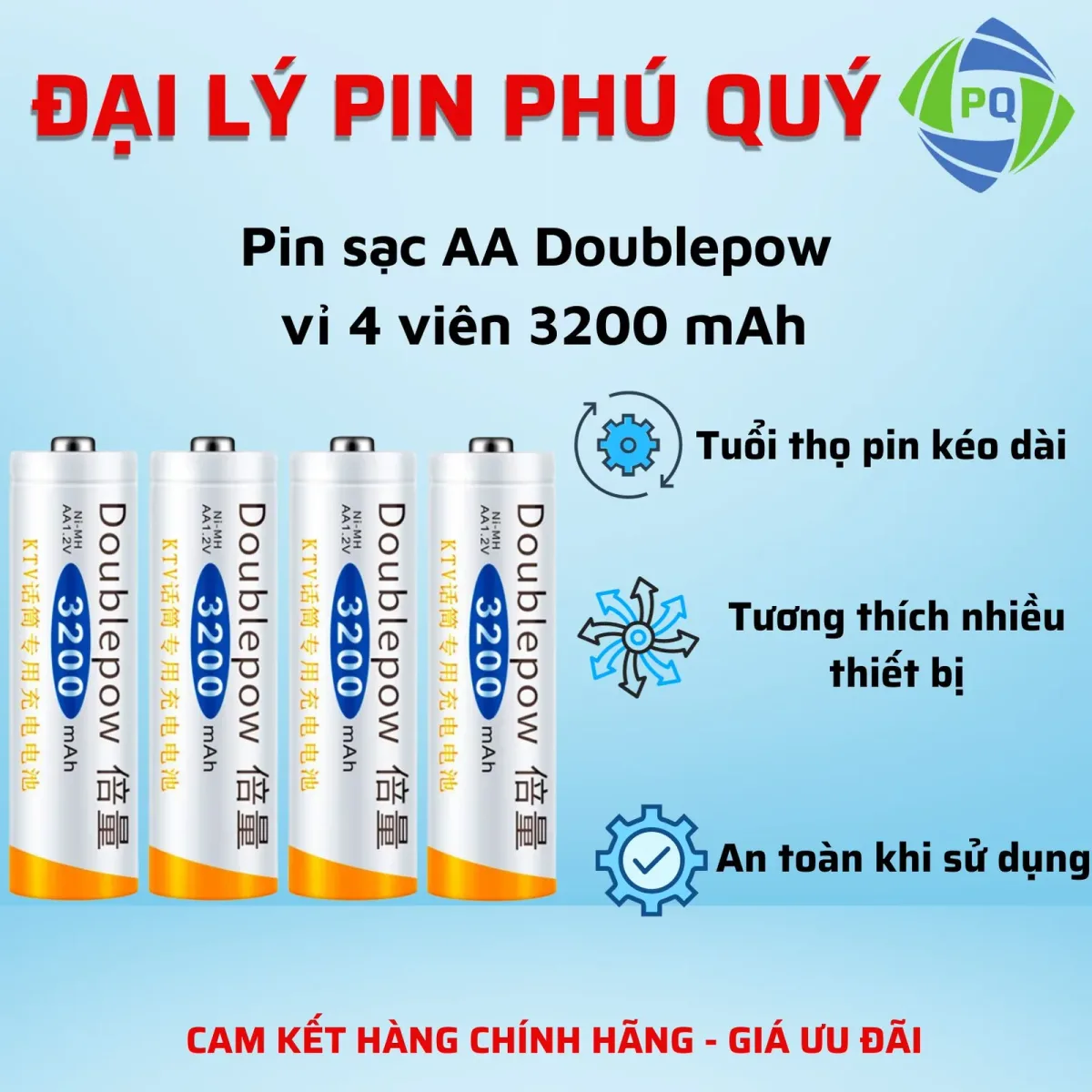 Hộp 4 pin sạc AA 3200mAh Doublepow chính hãng, bền bỉ - Pin Phú Quý