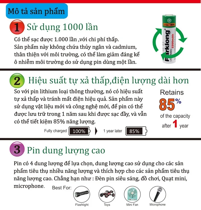 thông số kỹ thuật pin 18650 parklong 3000mah