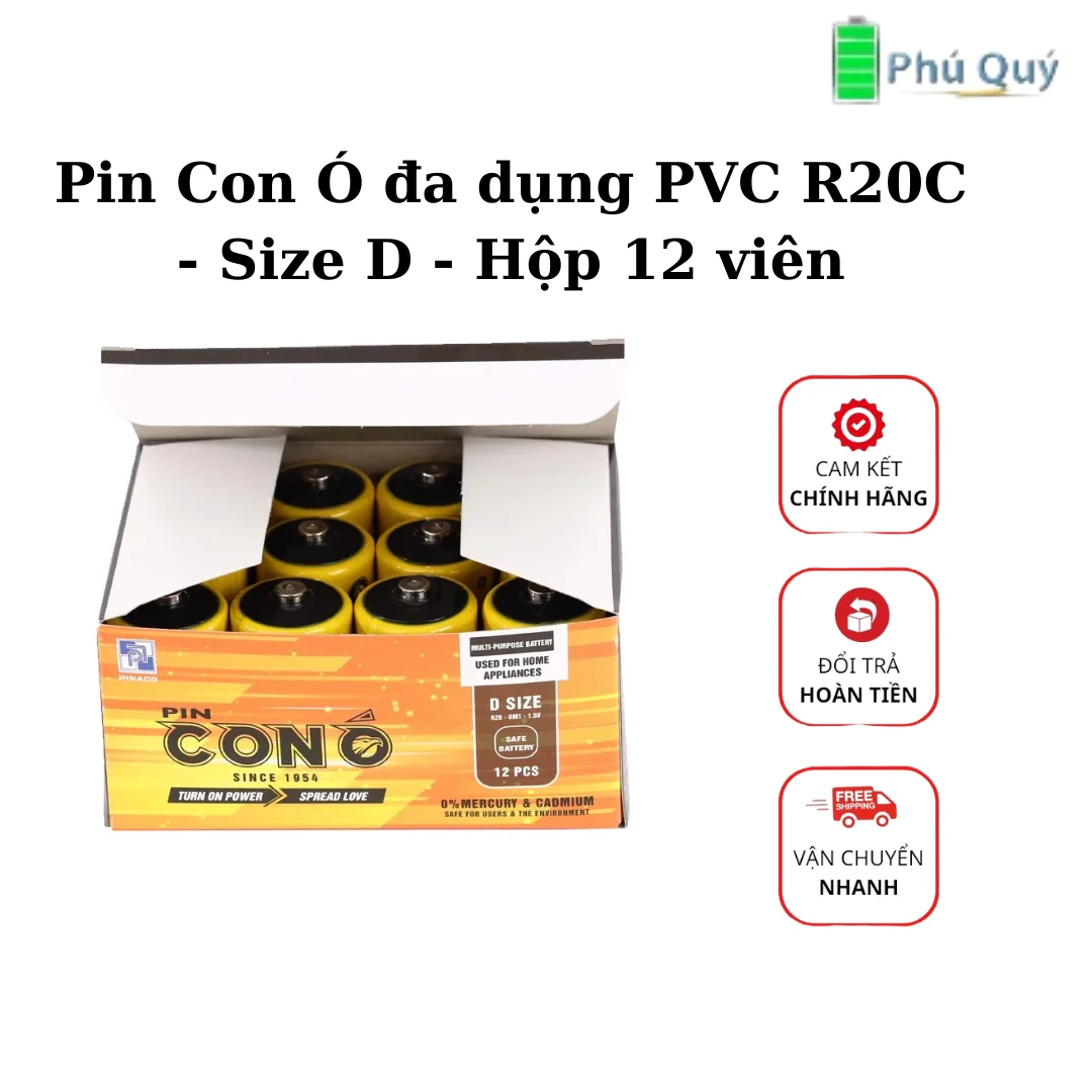 Pin Con Ó đa dụng PVC R20C – Size D – Hộp 12 viên - Pin Phú Quý