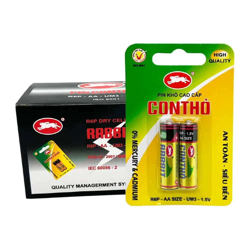 Pin Con Thỏ AA 1,5V R6P nhãn nhôm vàng vỉ giấy 2