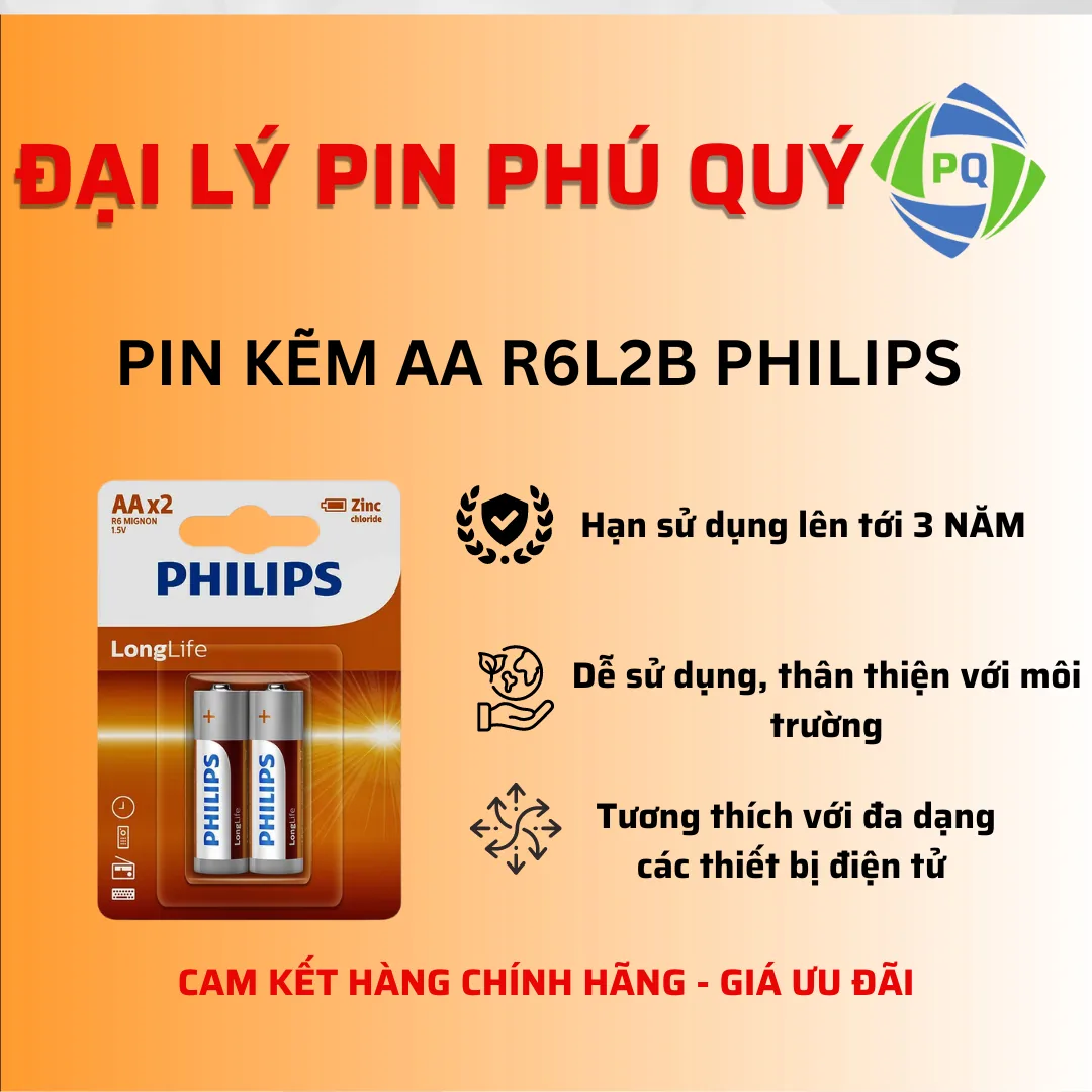 Pin kẽm AA Philips R6L2B Philips giá tốt (Vỉ 2 viên) - Pin Phú Quý