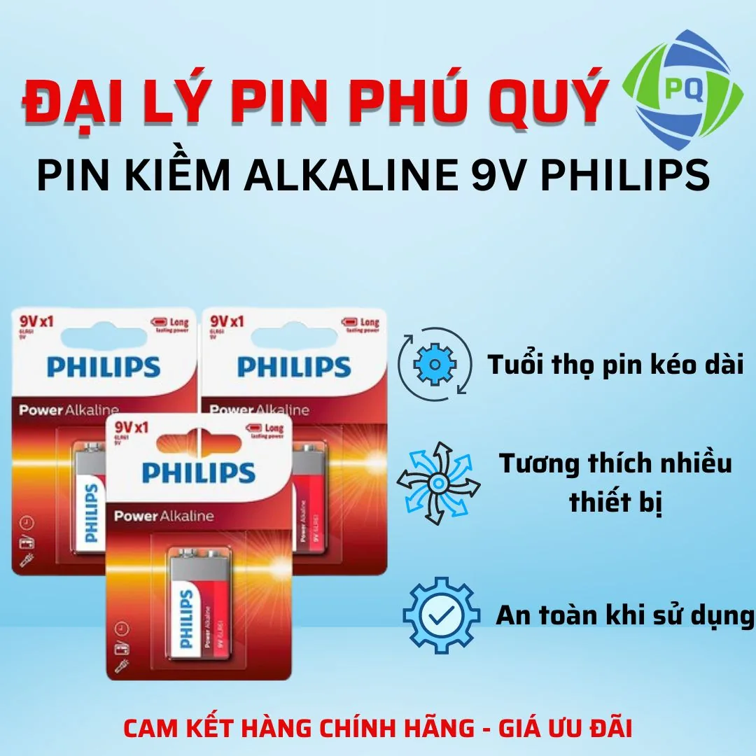 Pin 9V Alkaline 6LR61P1 Philips vỉ 1 viên chính hãng - Pin Phú Quý