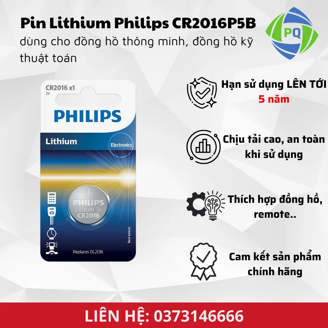 Vỉ 5 viên Pin cúc áo Lithium 75mAh CR2016 Philips uy tín, chính hãng - Pin Phú Quý