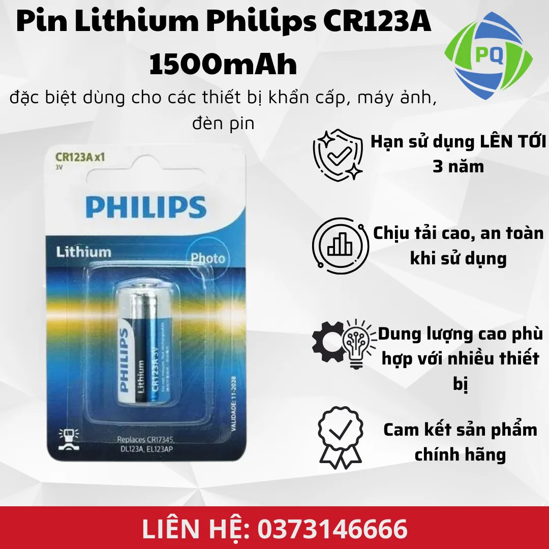 Vỉ 1 viên Pin Lithium 1500mAh CR123A Philips uy tín, chính hãng - Pin Phú Quý