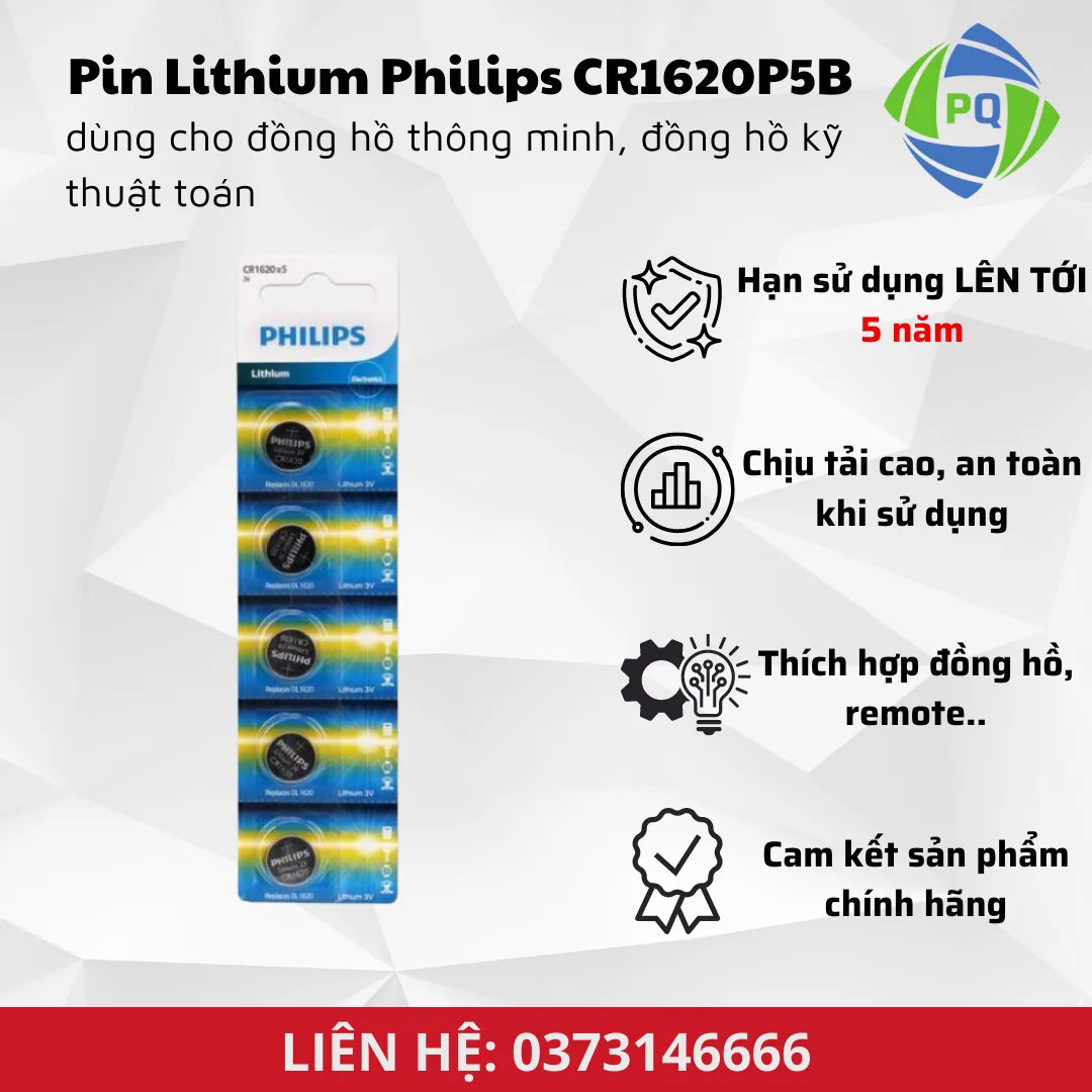 Vỉ 5 viên Lithium 70mAh CR1620P5B Philips uy tín, chính hãng - Pin Phú Quý