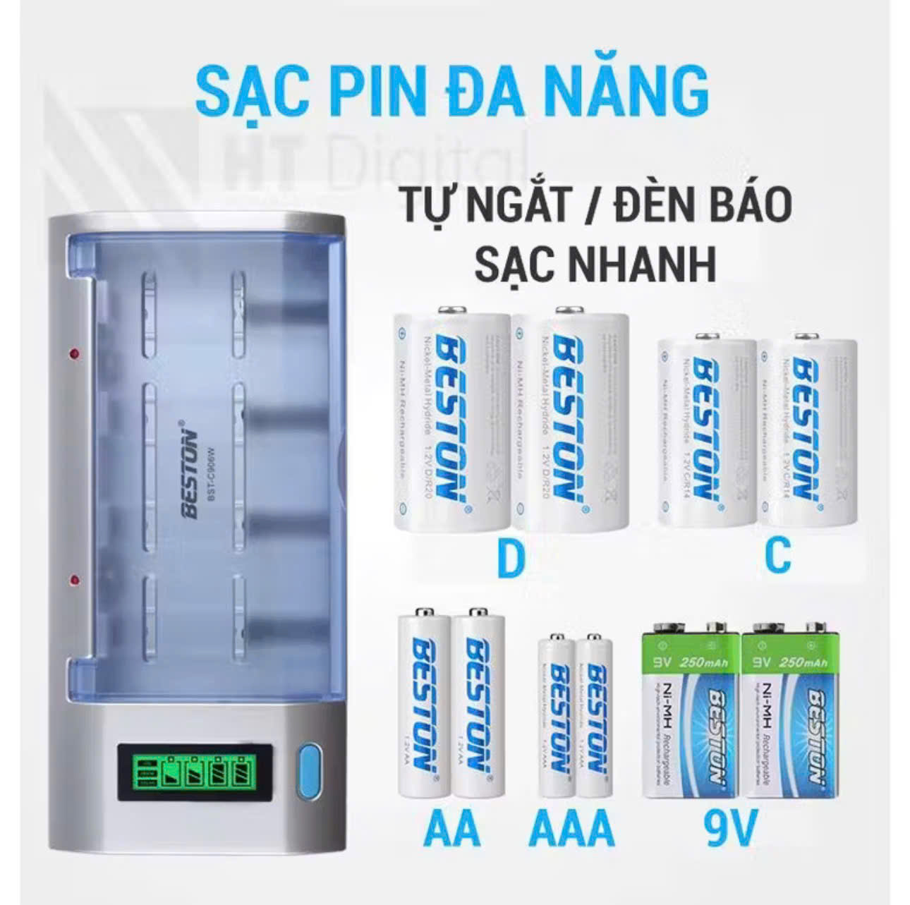 Bộ sạc pin đa năng Beston C906W/C821BW Tự Ngắt có màn hình sạc nhiều loại pin